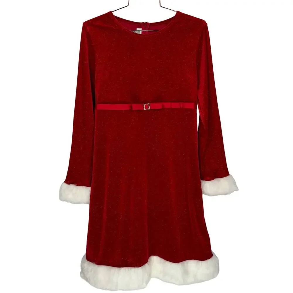 BONNIE‎ JEAN | Red Faux Fur Cuffs & Hem Santa Clause Velvet Dress | Kid's 18 1/2